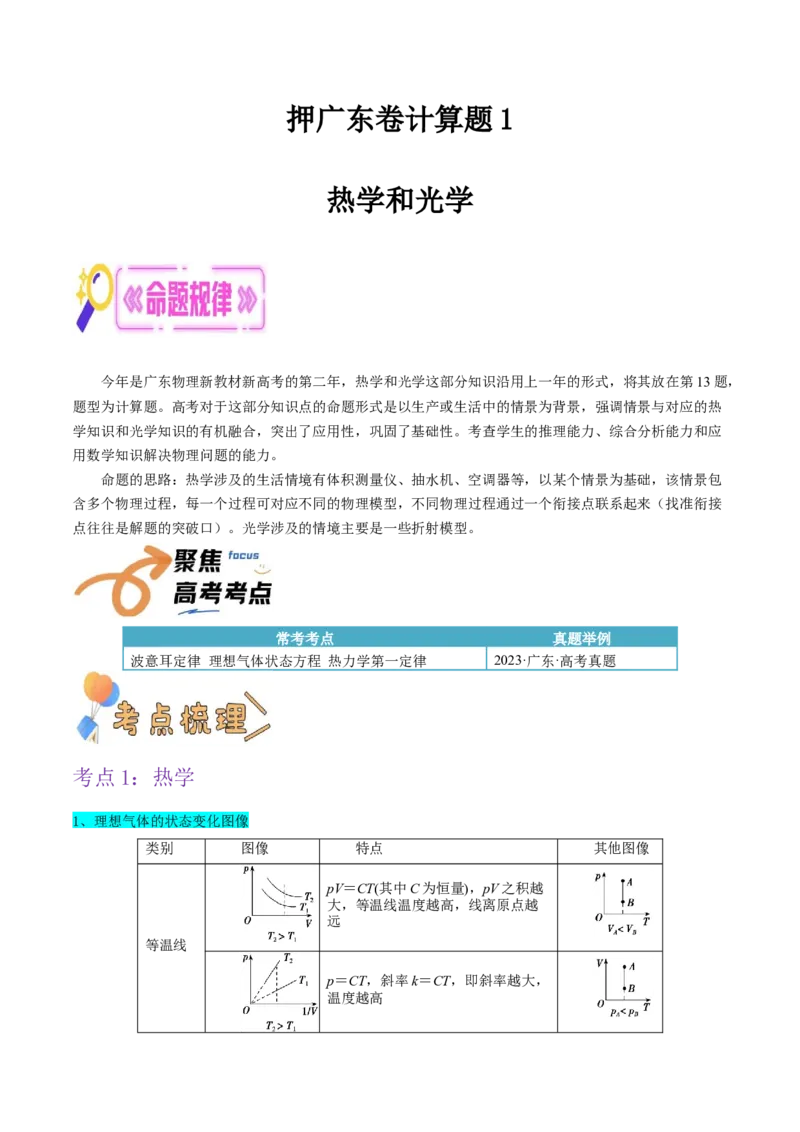 押广东卷计算题1热学和光学计算题（解析版）_4.2025物理总复习_2024年新高考资料_5.2024三轮冲刺_备战2024年高考物理临考题号押题（广东专用）324210116