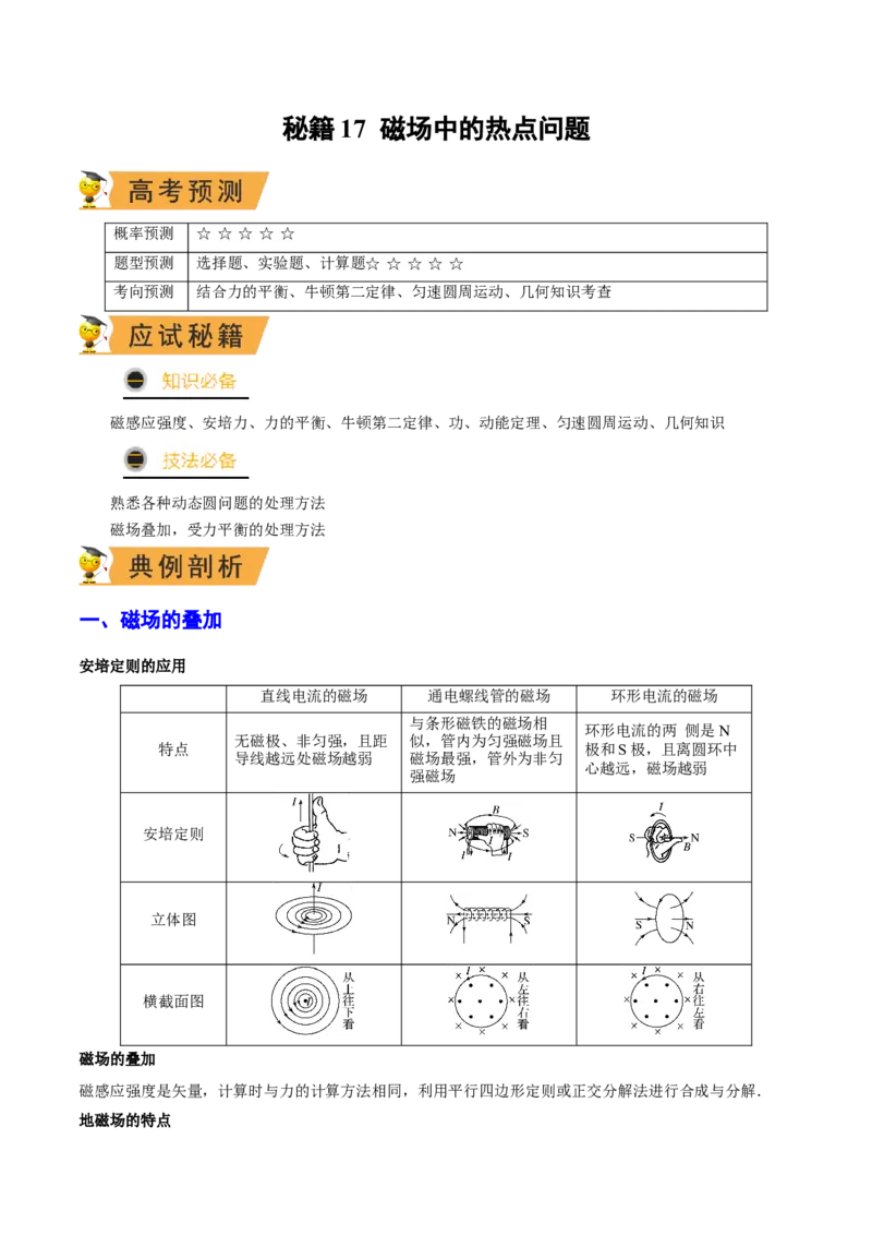 秘籍17磁场中的热点问题-备战2023年高考物理抢分秘籍（新高考专用）（原卷版）_4.2025物理总复习_2023年新高复习资料_备战2023年高考物理抢分秘籍（新高考专用）