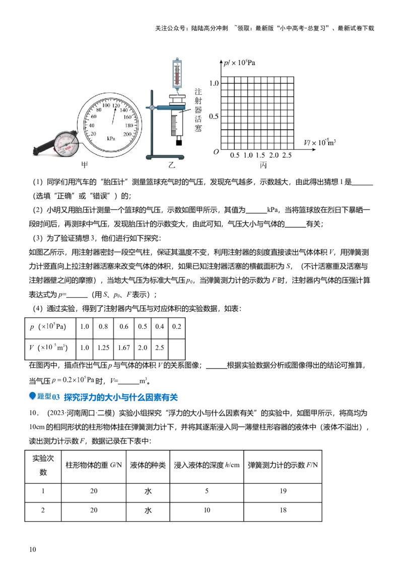压轴题09压强与浮力实验题（原卷版）_02中考总复习（2026版更新中）_04-物理-中考总复习_2024年中考复习资料_三轮复习_2024年中考物理压轴题专项训练（全国通用）