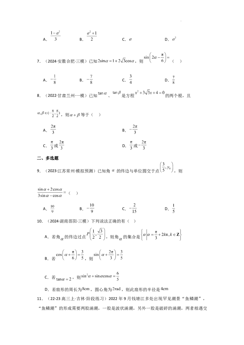 专项训练12三角函数的概念与三角恒等变换（解析版）_2.2025数学总复习_2025年新高考资料_二轮复习_2025高考数学二轮复习专项突破练习_专项练