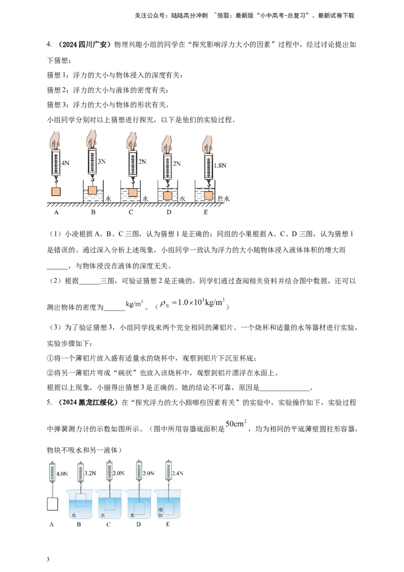 模块三实验专题36探究浮力大小与哪些因素有关（原卷版）_02中考总复习（2026版更新中）_04-物理-中考总复习_2025年中考复习资料_（2025中考全国通用）2024年中考物理真题分类汇编