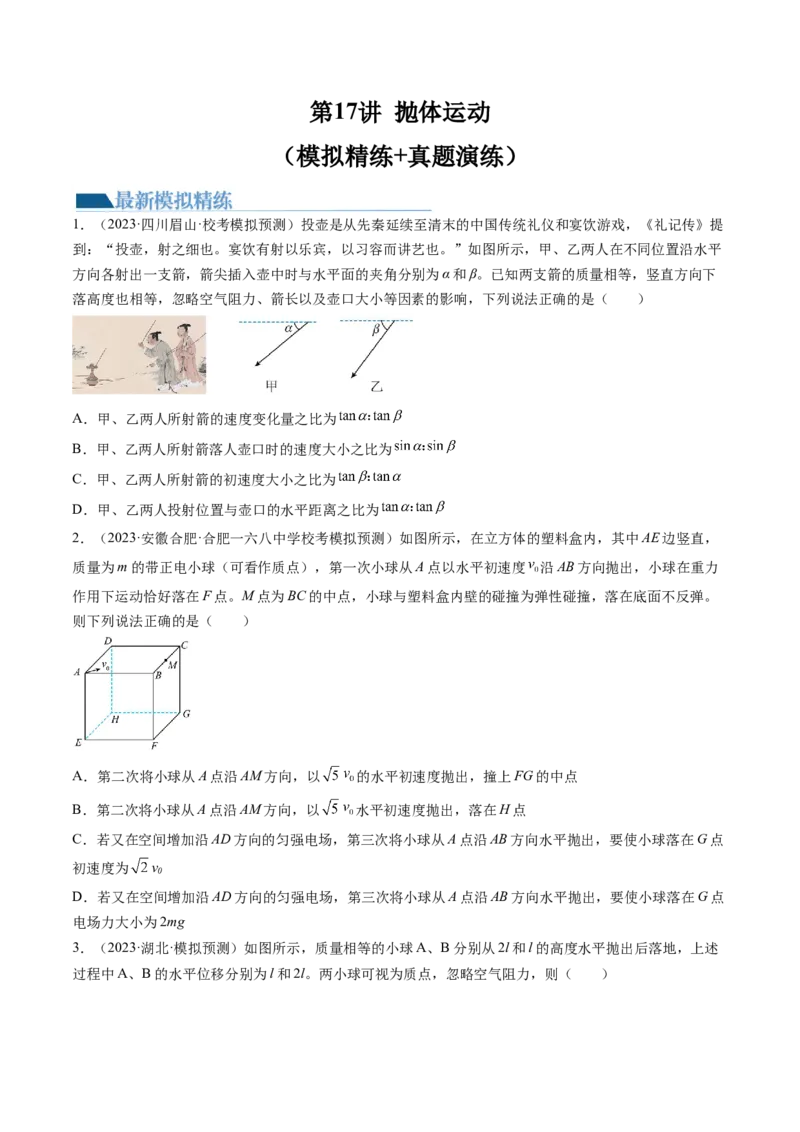 第17讲抛体运动（练习）（原卷版）_4.2025物理总复习_2024年新高考资料_1.2024一轮复习_2024年高考物理一轮复习讲练测（新教材新高考）_第17讲抛体运动（练习）