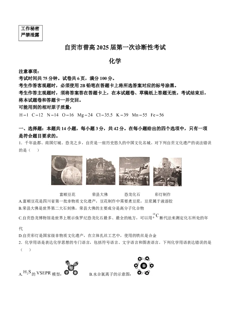 四川省自贡市2024-2025学年高三上学期第一次诊断性考试化学试题_A1502026各地模拟卷（超值！）_12月_241203四川省自贡市普高2025届第一次诊断性考试