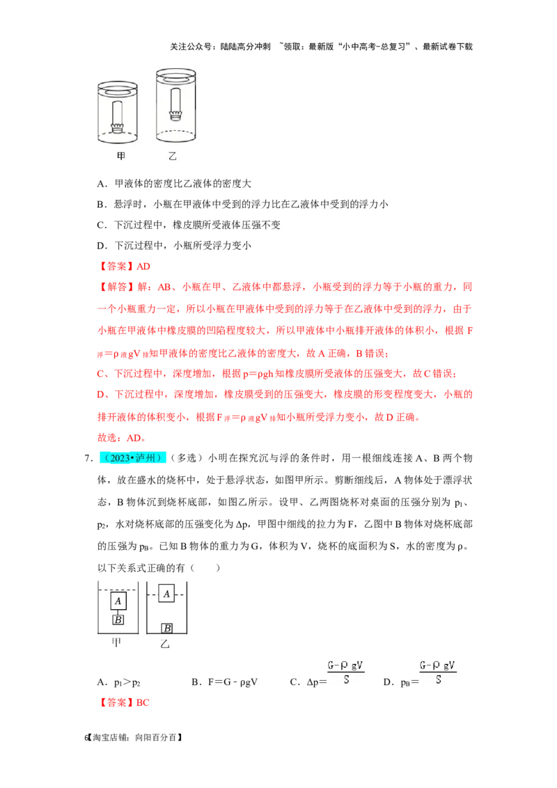 挑战06多选题（压强浮力及电学综合38题）（解析版）_02中考总复习（2026版更新中）_04-物理-中考总复习_2024年中考复习资料_专项复习资料_❤备战2024年中考物理真题《压轴挑战》分类汇编