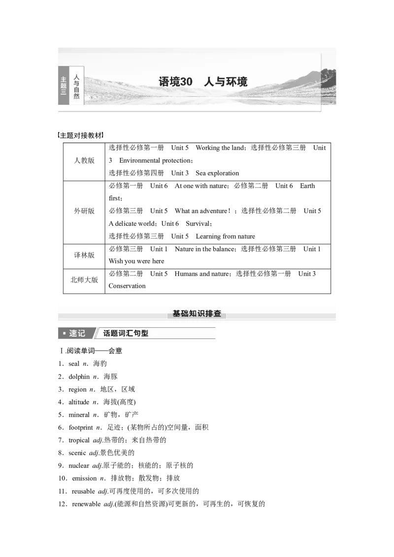 2025届高中英语一轮话题复习（学生版）：主题三人与自然　语境30　人与环境_3.2025英语总复习_2025年新高考资料_一轮复习_2025届高中英语一轮复习课件+学案（完））
