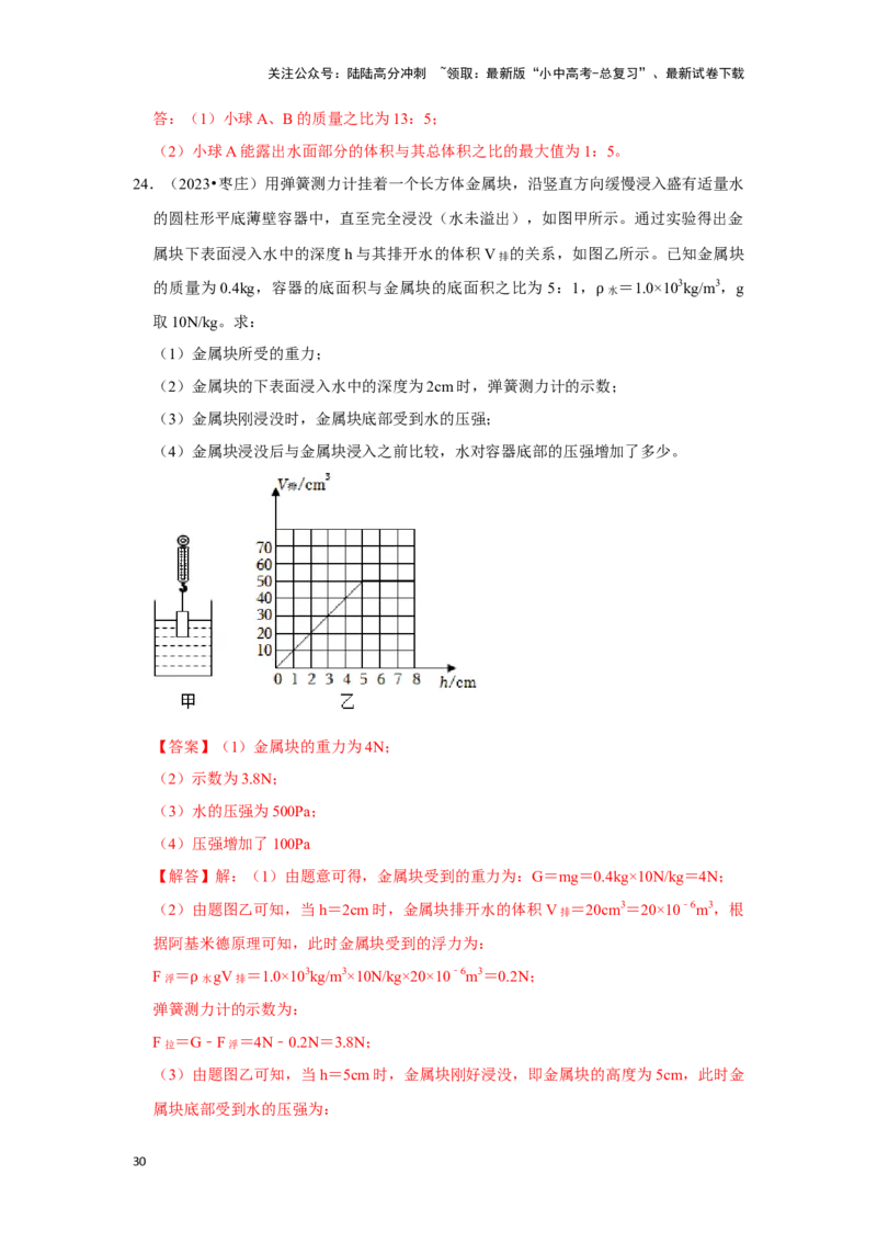 挑战20计算题（浮力与压强综合30题）（解析版）_02中考总复习（2026版更新中）_04-物理-中考总复习_2024年中考复习资料_专项复习资料_❤备战2024年中考物理真题《压轴挑战》分类汇编