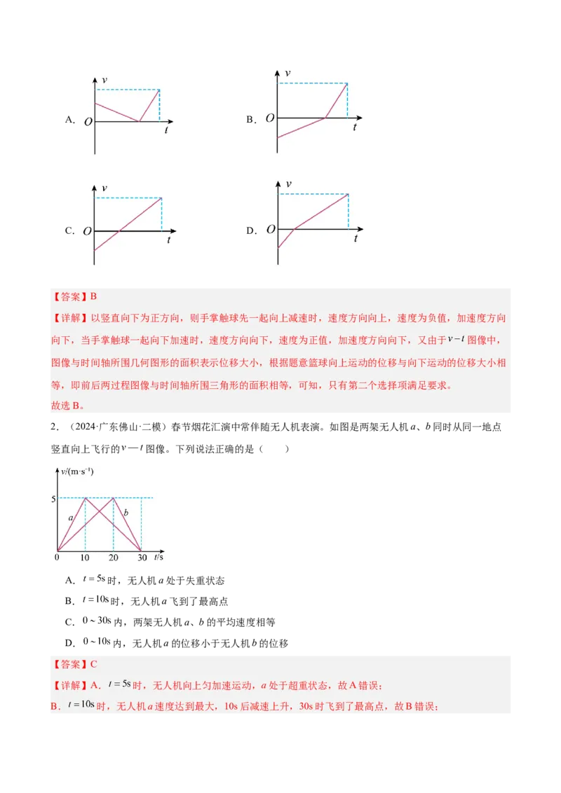 押广东卷选择题1运动学、振动、波动图像（解析版）_4.2025物理总复习_2024年新高考资料_5.2024三轮冲刺_备战2024年高考物理临考题号押题（广东专用）324210116