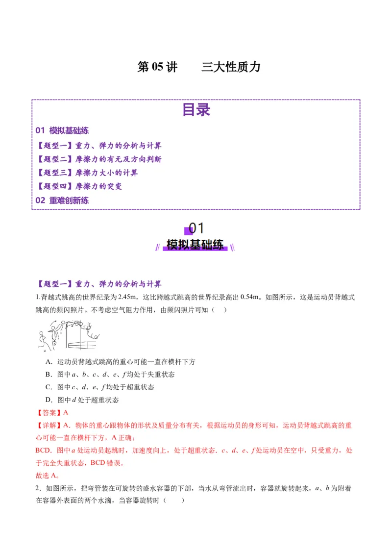 第05讲三大性质力（练习）（解析版）_4.2025物理总复习_2025年新高考资料_一轮复习_2025年高考物理一轮复习讲练测（新教材新高考）