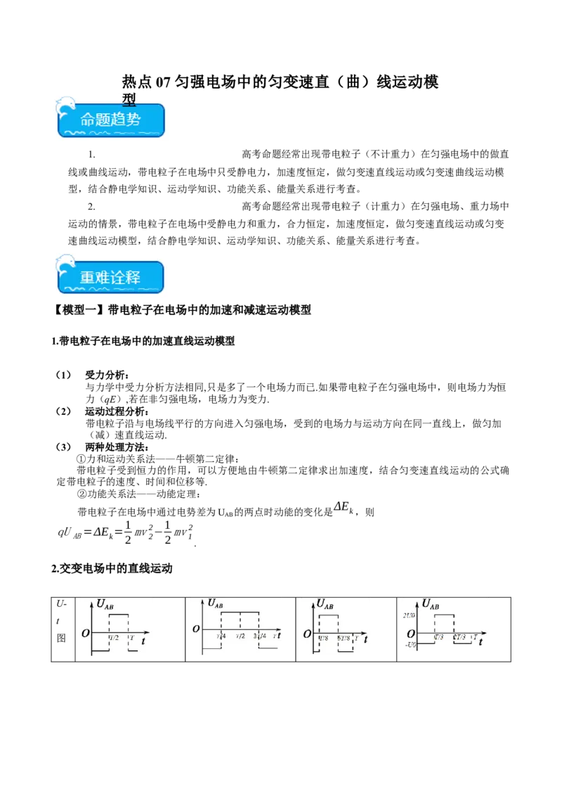 热点07匀强电场中的匀变速直（曲）线运动模型（解析版）_4.2025物理总复习_2024年新高考资料_3.2024专项复习_2024年高考物理热点&middot;重点&middot;难点专练（新高考专用）