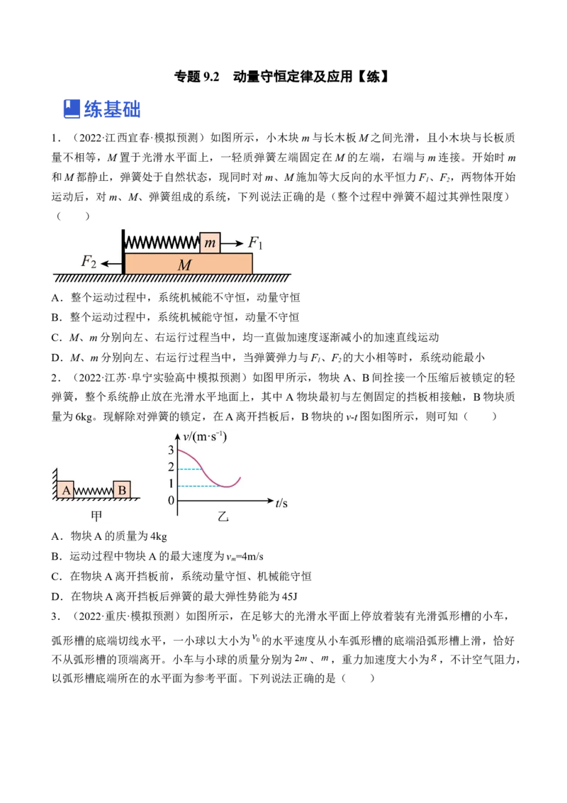 专题9.2　动量守恒定律及应用练&mdash;&mdash;2023年高考物理一轮复习讲练测（新教材新高考通用）（原卷版）_4.2025物理总复习_2023年新高复习资料_一轮复习