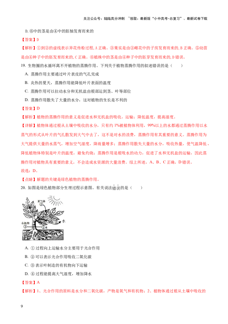 模块三生物圈中的绿色植物（测试）（解析版）_02中考总复习（2026版更新中）_08-生物-中考总复习_2024年中考复习资料_一轮复习_❤2024年中考生物一轮复习讲练测（全国通用）_练习