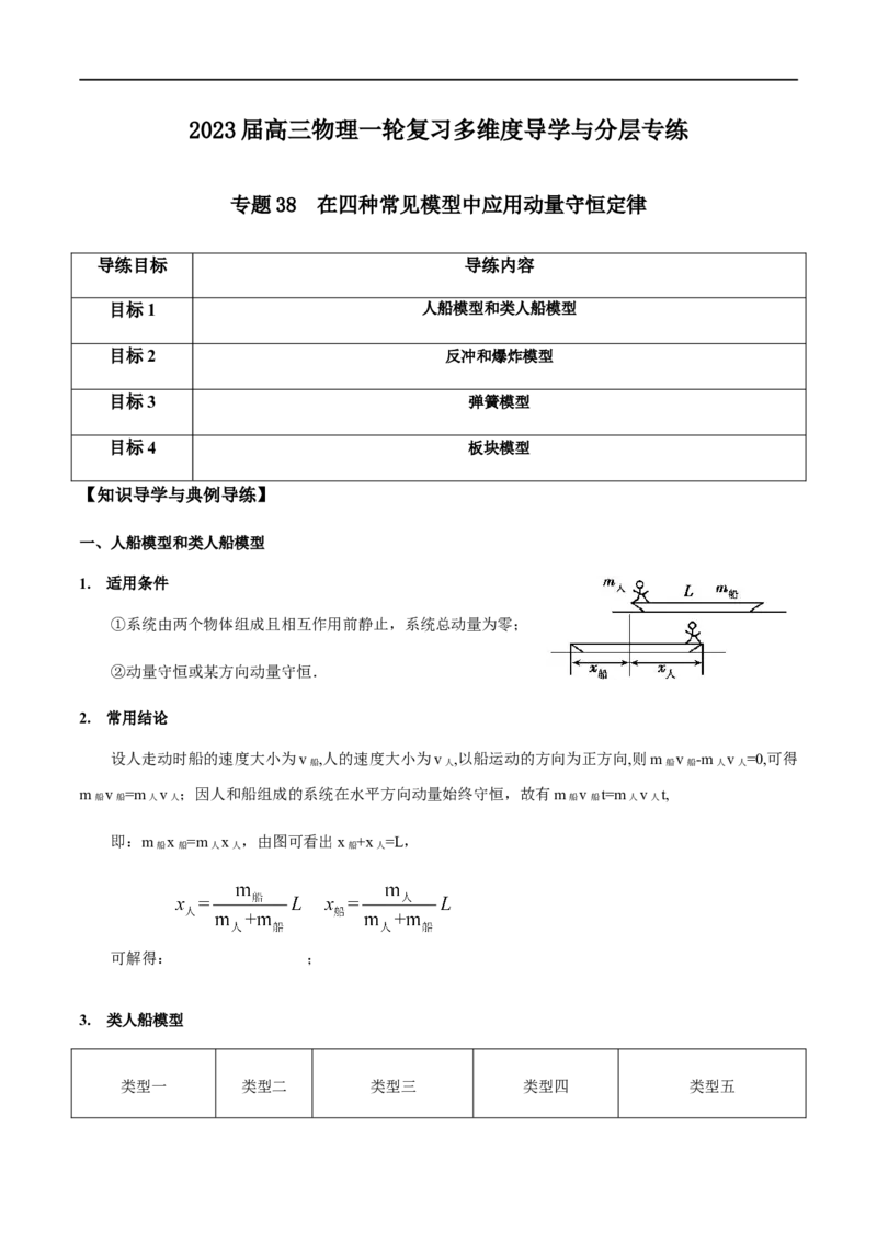 专题38在四种常见模型中应用动量守恒定律（原卷版）_4.2025物理总复习_2023年新高复习资料_一轮复习_2023届高三物理一轮复习多维度导学与分层专练