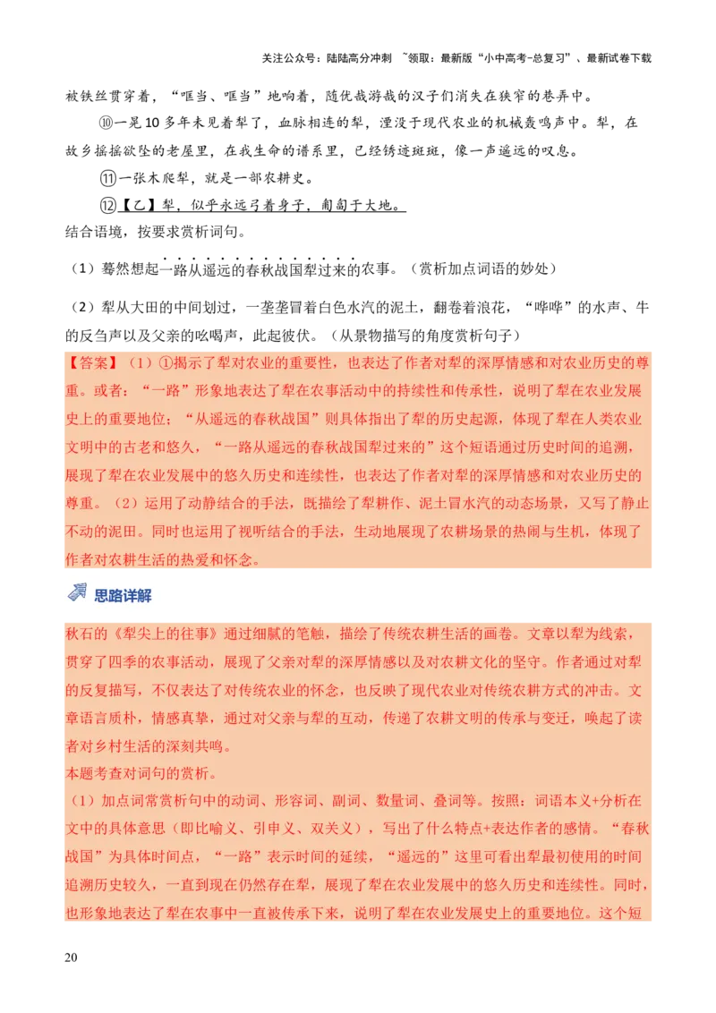 模板04词语、句子、段落（作用、赏析）类题型（答题模板）解析版_02中考总复习（2026版更新中）_01-语文-中考总复习_2025年中考资料_2025年中考语文答题方法模板