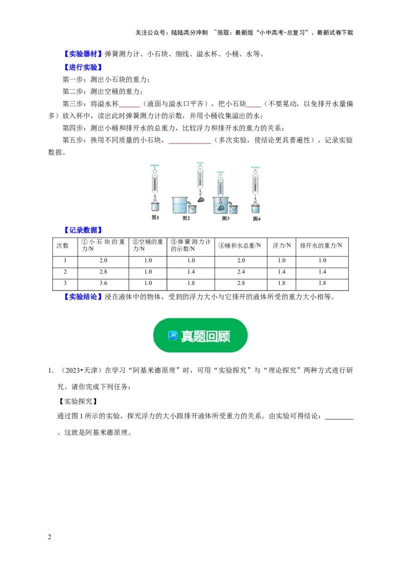 实验11探究浮力大小与排开液体所受重力的关系（原卷版）_02中考总复习（2026版更新中）_04-物理-中考总复习_2024年中考复习资料_二轮复习_（讲义+练习）2024年中考物理二轮题型专项复习