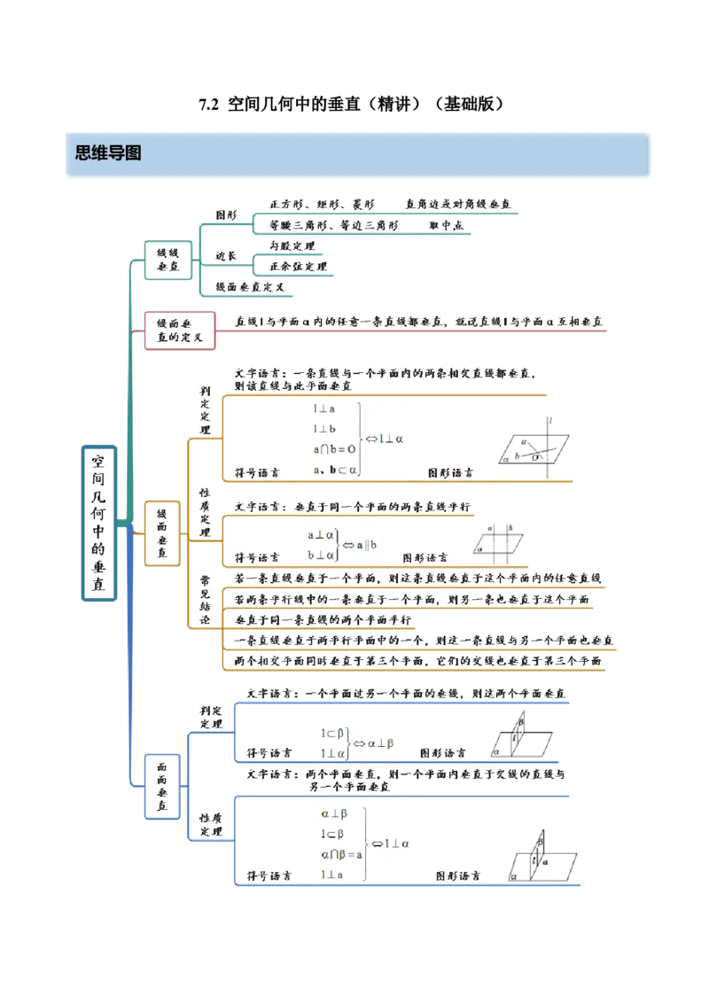 7.2空间几何中的垂直（精讲）（基础版）（原卷版）_2.2025数学总复习_2023年新高考资料_一轮复习_2023年高考数学一轮复习（基础版）（新高考地区专用）