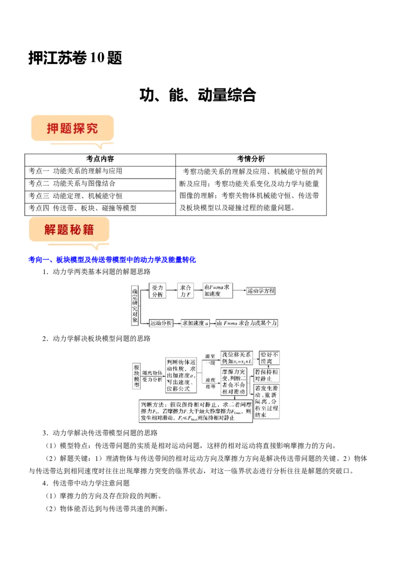 押江苏卷10题功、能、动量综合（原卷版）_4.2025物理总复习_2024年新高考资料_5.2024三轮冲刺_备战2024年高考物理临考题号押题（江苏卷）322751514