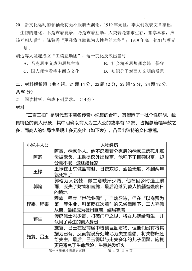 陕西省西安中学2024-2025学年高三上学期10月月考历史试题_A1502026各地模拟卷（超值！）_10月_241007陕西省西安中学2024-2025学年高三上学期10月月考（第一次质量检测考试）