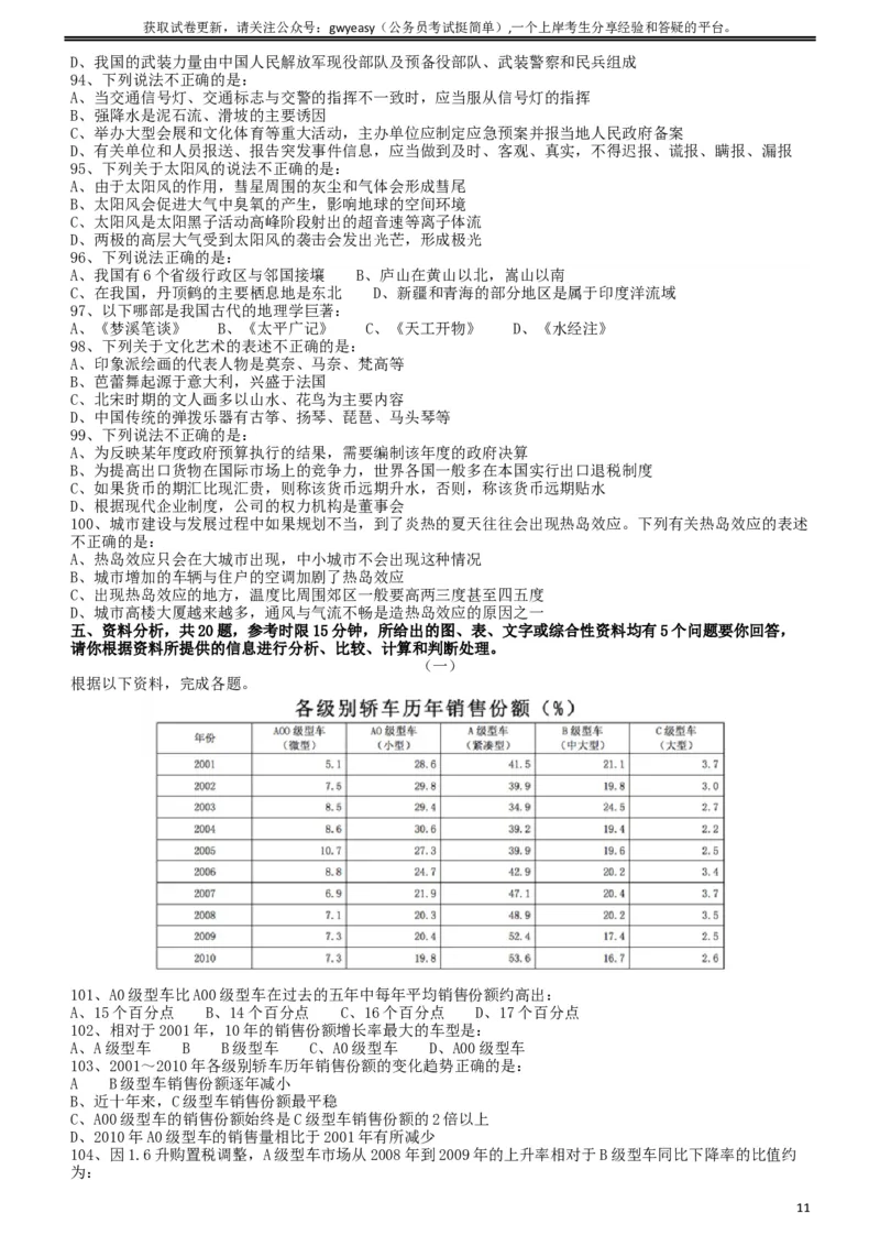 2011年424公务员联考《行测》（青海、宁夏、贵州、四川、福建、黑龙江、湖北、山西、重庆、辽宁、海南、江西、天津、陕西、云南、广西、山东、湖南）_34省+国考真题_题目