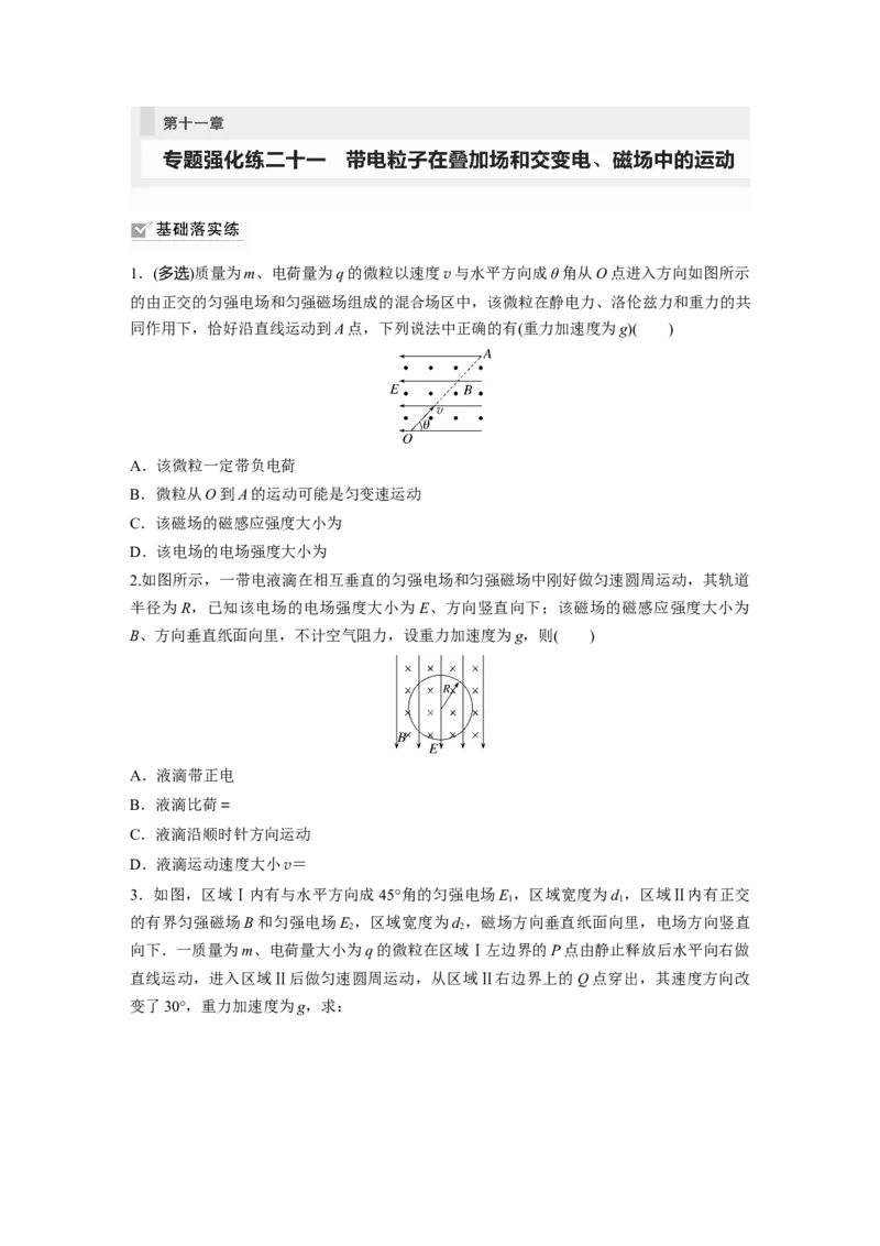 第11章专题强化练211　带电粒子在叠加场和交变电、磁场中的运动_4.2025物理总复习_2024年新高考资料_1.2024一轮复习_2024年高考物理一轮复习讲义（新人教版）_学生版在此文件夹