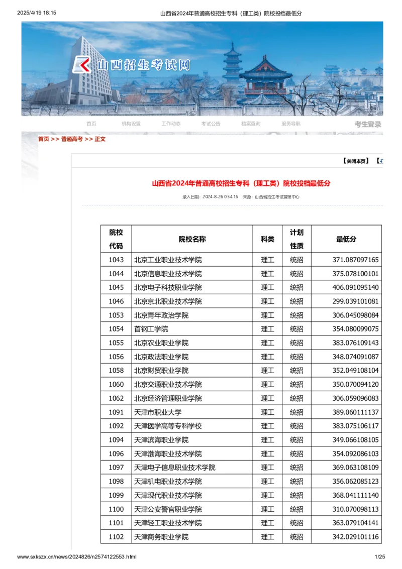 山西省2024年普通高校招生专科（理工类）院校投档最低分_2025年4月最新发布2025年《全国31省各地》高考志愿填报（各省高校介绍+各省一分一段表+热门专业+避坑指南）_山西