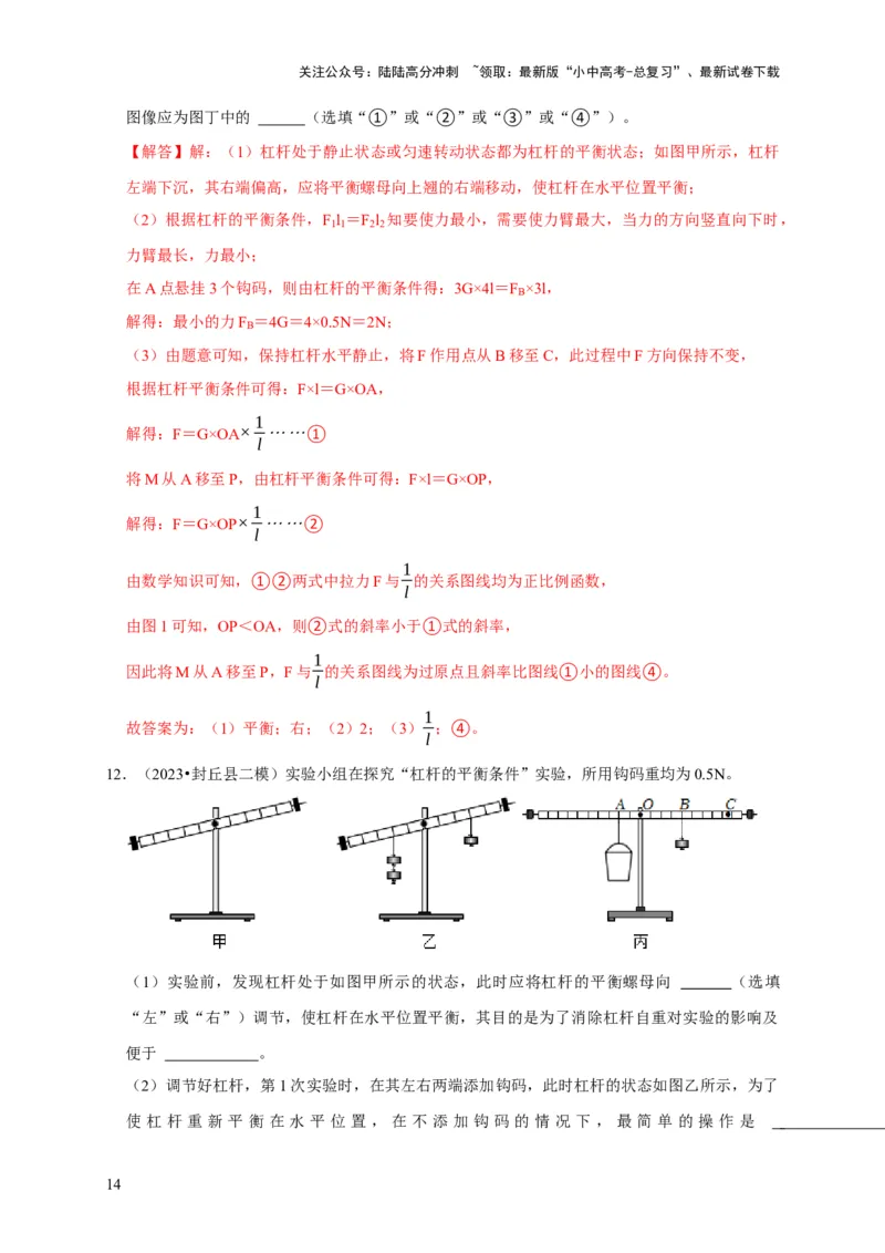 实验12探究杠杆的平衡条件（解析版）_02中考总复习（2026版更新中）_04-物理-中考总复习_2024年中考复习资料_二轮复习_（讲义+练习）2024年中考物理二轮题型专项复习
