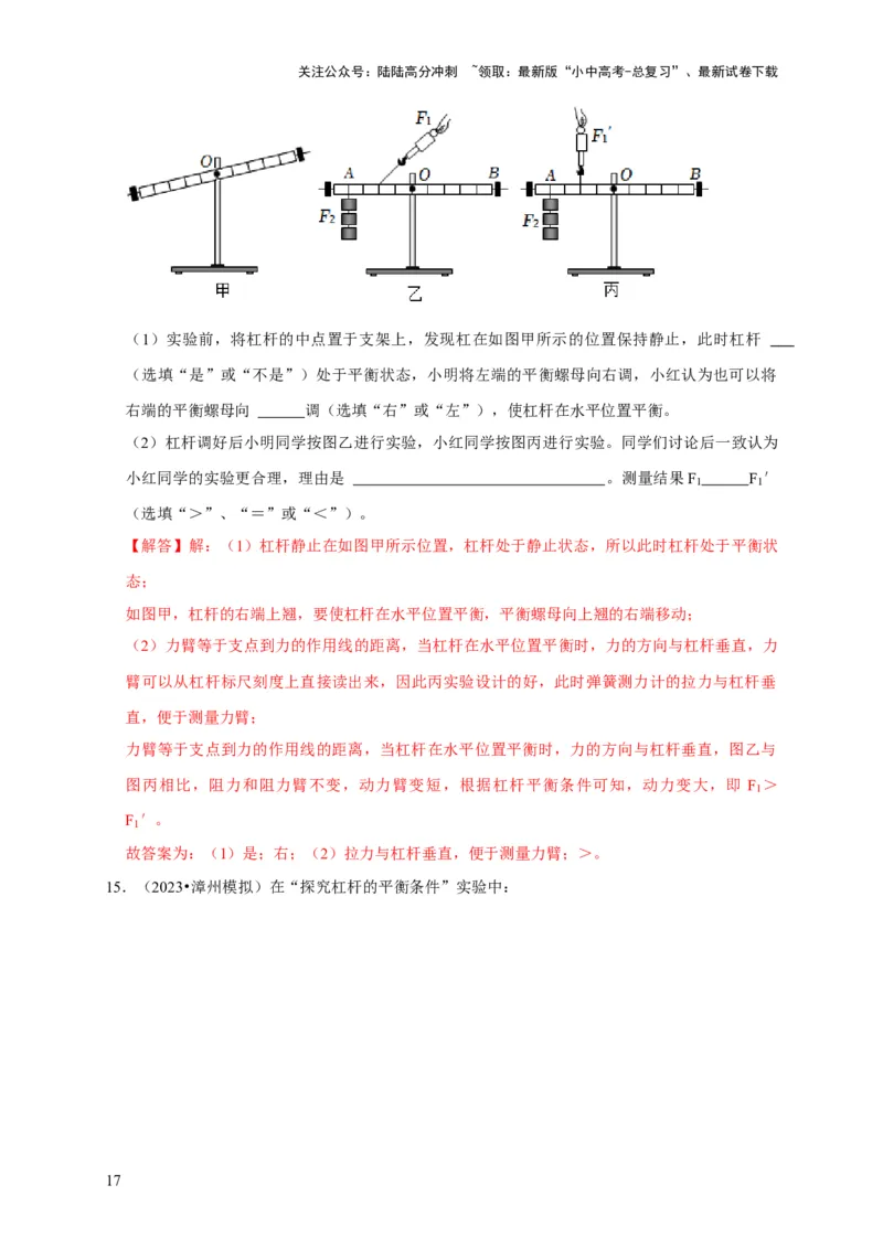 实验12探究杠杆的平衡条件（解析版）_02中考总复习（2026版更新中）_04-物理-中考总复习_2024年中考复习资料_二轮复习_（讲义+练习）2024年中考物理二轮题型专项复习