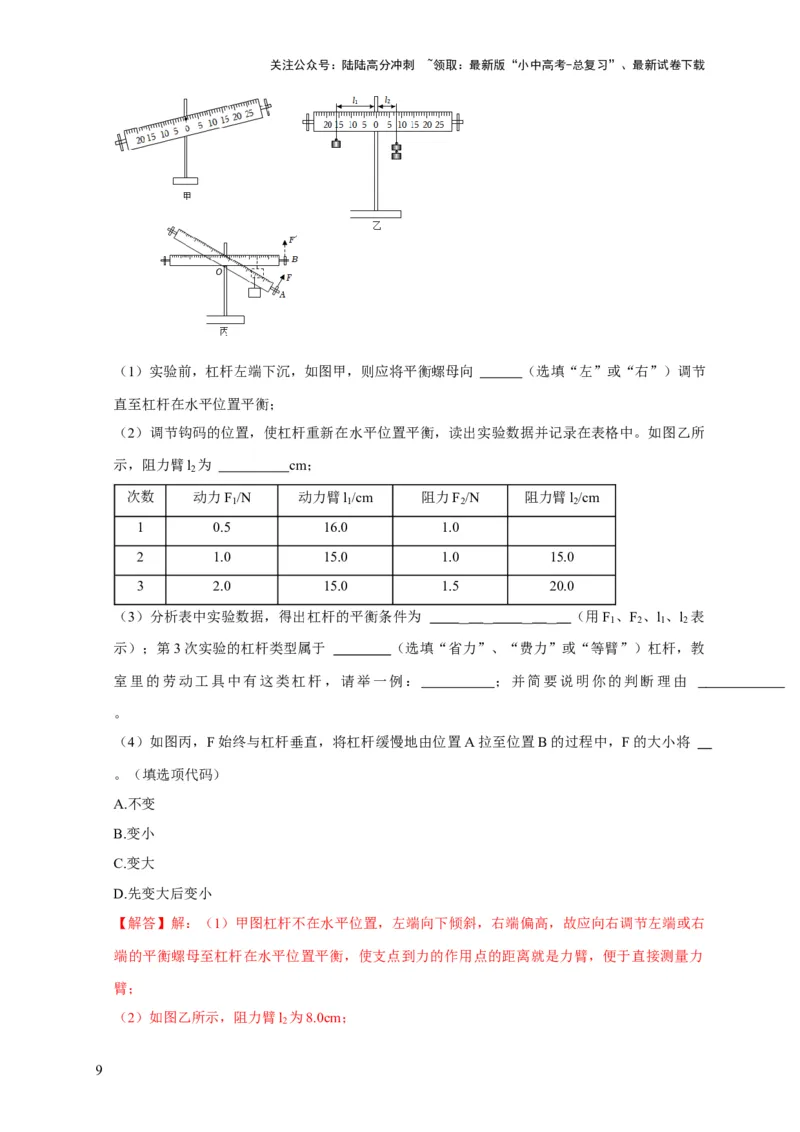 实验12探究杠杆的平衡条件（解析版）_02中考总复习（2026版更新中）_04-物理-中考总复习_2024年中考复习资料_二轮复习_（讲义+练习）2024年中考物理二轮题型专项复习