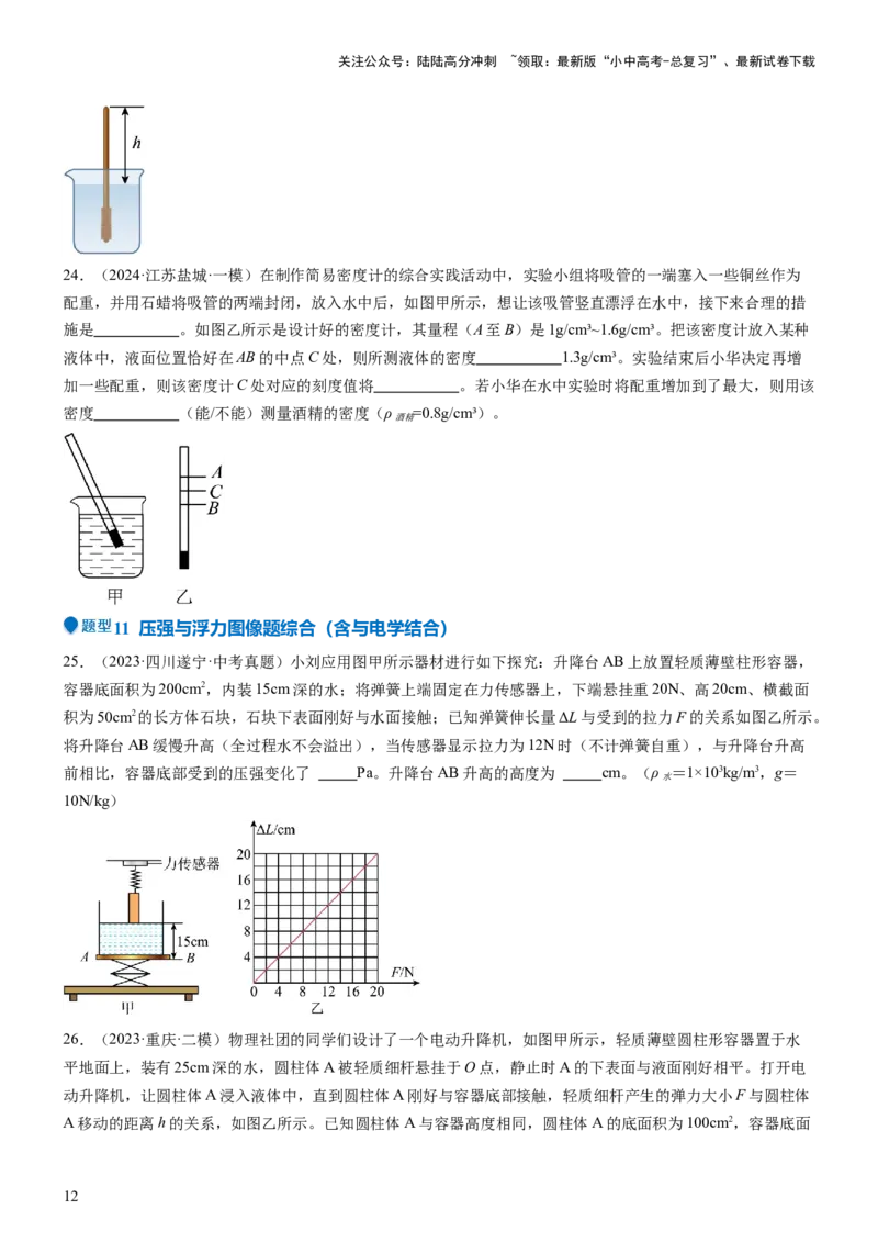 压轴题08压强与浮力选填题（原卷版）_02中考总复习（2026版更新中）_04-物理-中考总复习_2024年中考复习资料_三轮复习_2024年中考物理压轴题专项训练（全国通用）