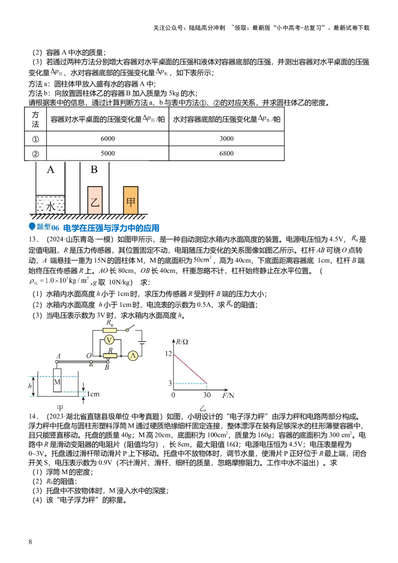 压轴题07压强与浮力综合计算（原卷版）_02中考总复习（2026版更新中）_04-物理-中考总复习_2024年中考复习资料_三轮复习_2024年中考物理压轴题专项训练（全国通用）