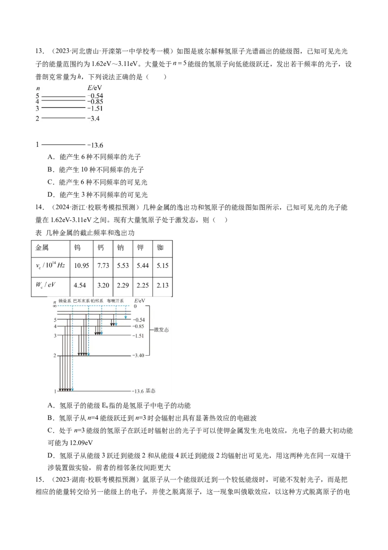 第73讲原子结构原子核（练习）（原卷版）_4.2025物理总复习_2024年新高考资料_1.2024一轮复习_2024年高考物理一轮复习讲练测（新教材新高考）_第73讲原子结构原子核（练习）