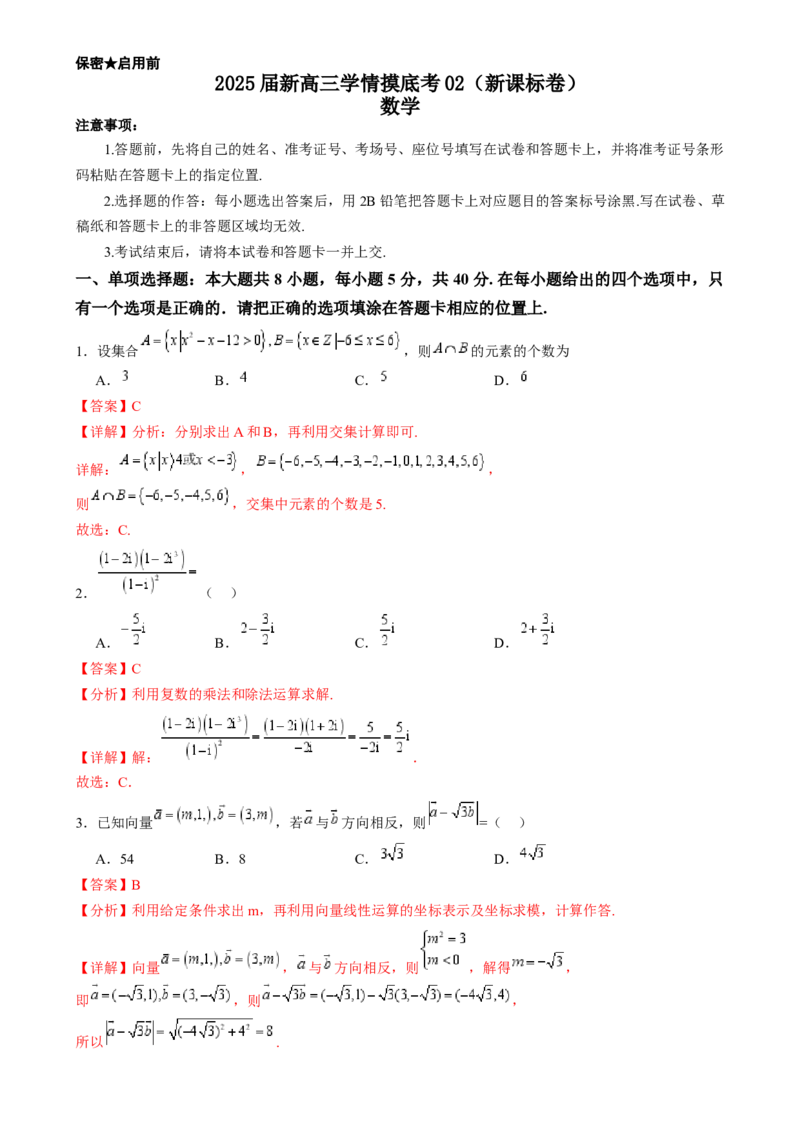 2025届新高三学情摸底考02（新课标卷）(教师版）_2.2025数学总复习_2025年新高考资料_一轮复习_2025年高考数学一轮复习考点通关卷（新高考通用）