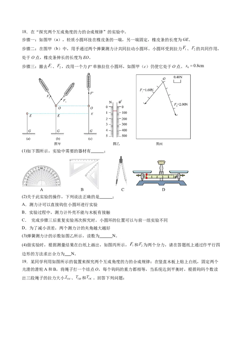 第08讲实验：探究弹簧弹力与形变量的关系、实验：探究两个互成角度的力的合成规律（练习）（原卷版）_4.2025物理总复习_2025年新高考资料_一轮复习