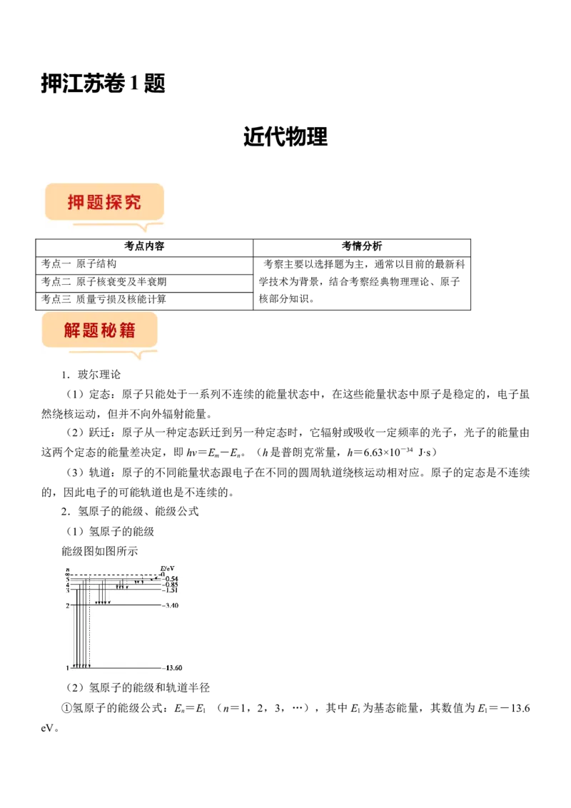 押江苏卷1题近代物理（解析版）_4.2025物理总复习_2024年新高考资料_5.2024三轮冲刺_备战2024年高考物理临考题号押题（江苏卷）322751514