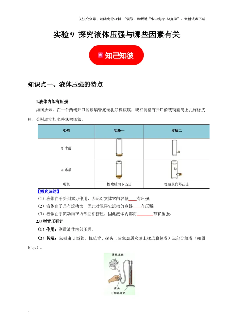 实验9探究液体压强与哪些因素有关（原卷版）_02中考总复习（2026版更新中）_04-物理-中考总复习_2024年中考复习资料_二轮复习_（讲义+练习）2024年中考物理二轮题型专项复习