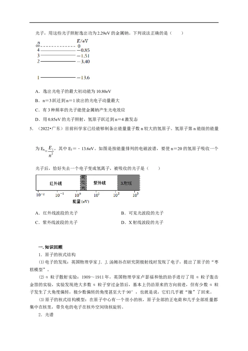 第101讲原子与原子核（玻尔模型与核反应）（原卷版）_4.2025物理总复习_2023年新高复习资料_专项复习_2023届高三物理高考复习101微专题模型精讲精练