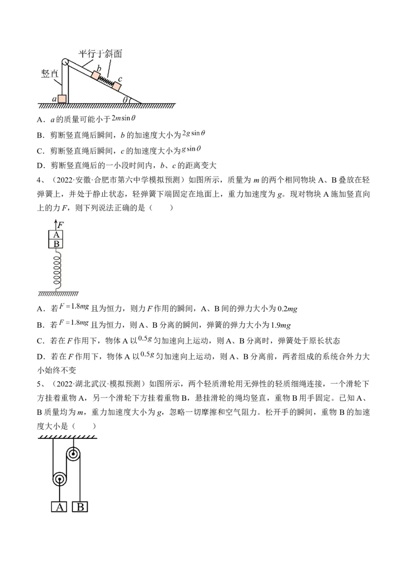 专题3.2　动力学典型模型分析练&mdash;&mdash;2023年高考物理一轮复习讲练测（新教材新高考通用）（原卷版）_4.2025物理总复习_2023年新高复习资料_一轮复习