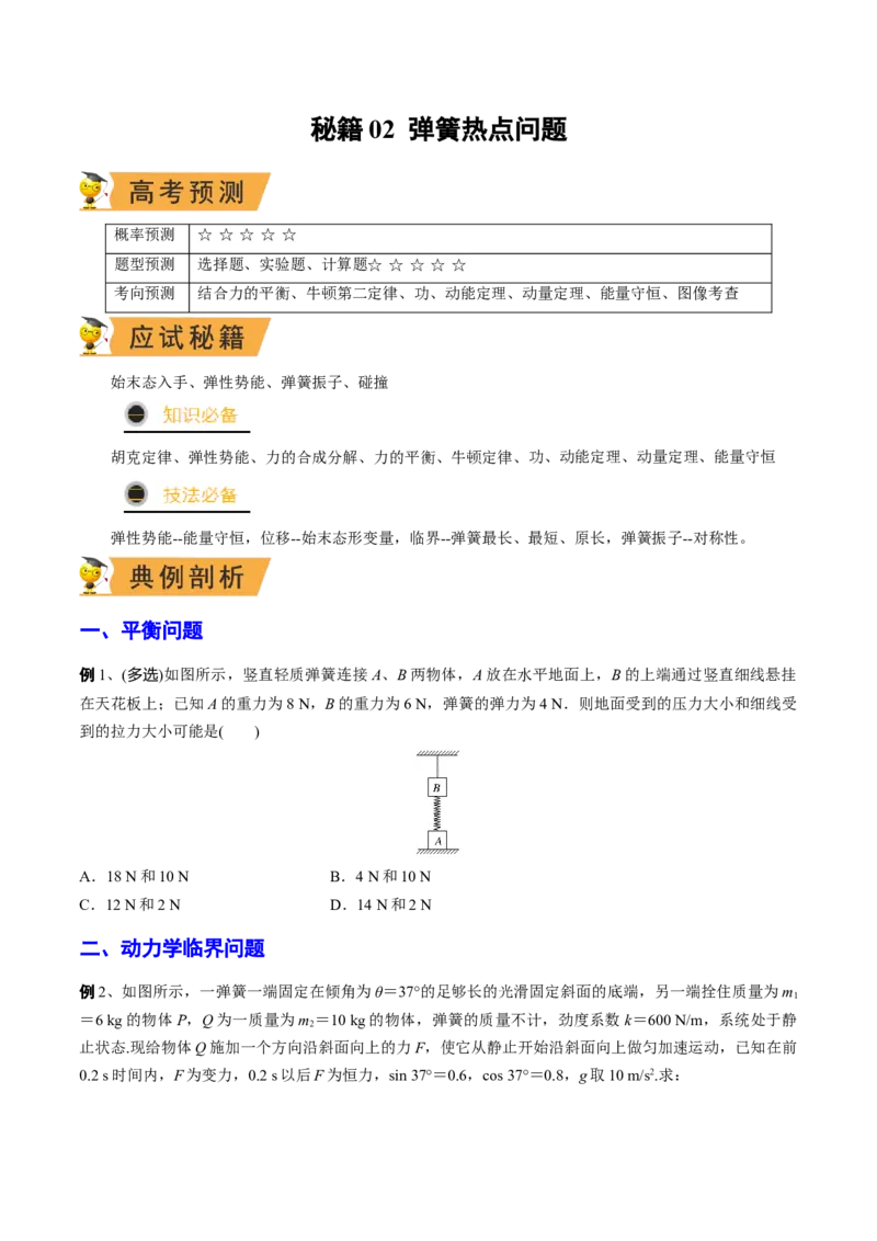 秘籍02弹簧热点问题-备战2023年高考物理抢分秘籍（新高考专用）（原卷版）_4.2025物理总复习_2023年新高复习资料_备战2023年高考物理抢分秘籍（新高考专用）