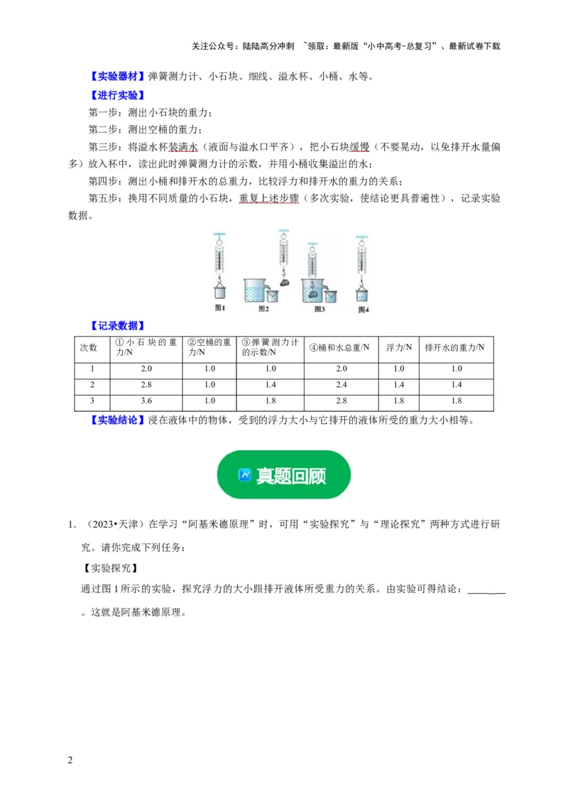 实验11探究浮力大小与排开液体所受重力的关系（解析版）_02中考总复习（2026版更新中）_04-物理-中考总复习_2024年中考复习资料_二轮复习_（讲义+练习）2024年中考物理二轮题型专项复习