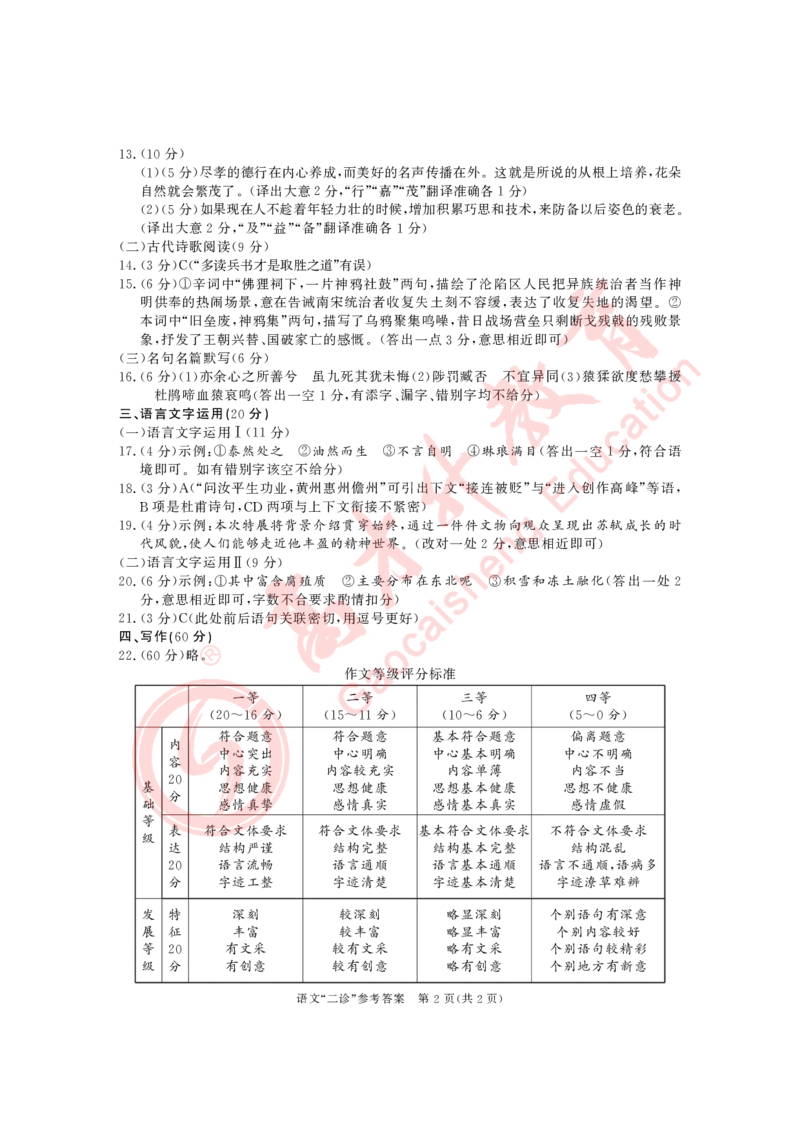 2023级成都二诊考试语文答案公众号：一枚试卷君_1.2025语文总复习_2023年新高考资料_模拟题_老高考_四川省成都市2023届高三第二次诊断性检测语文