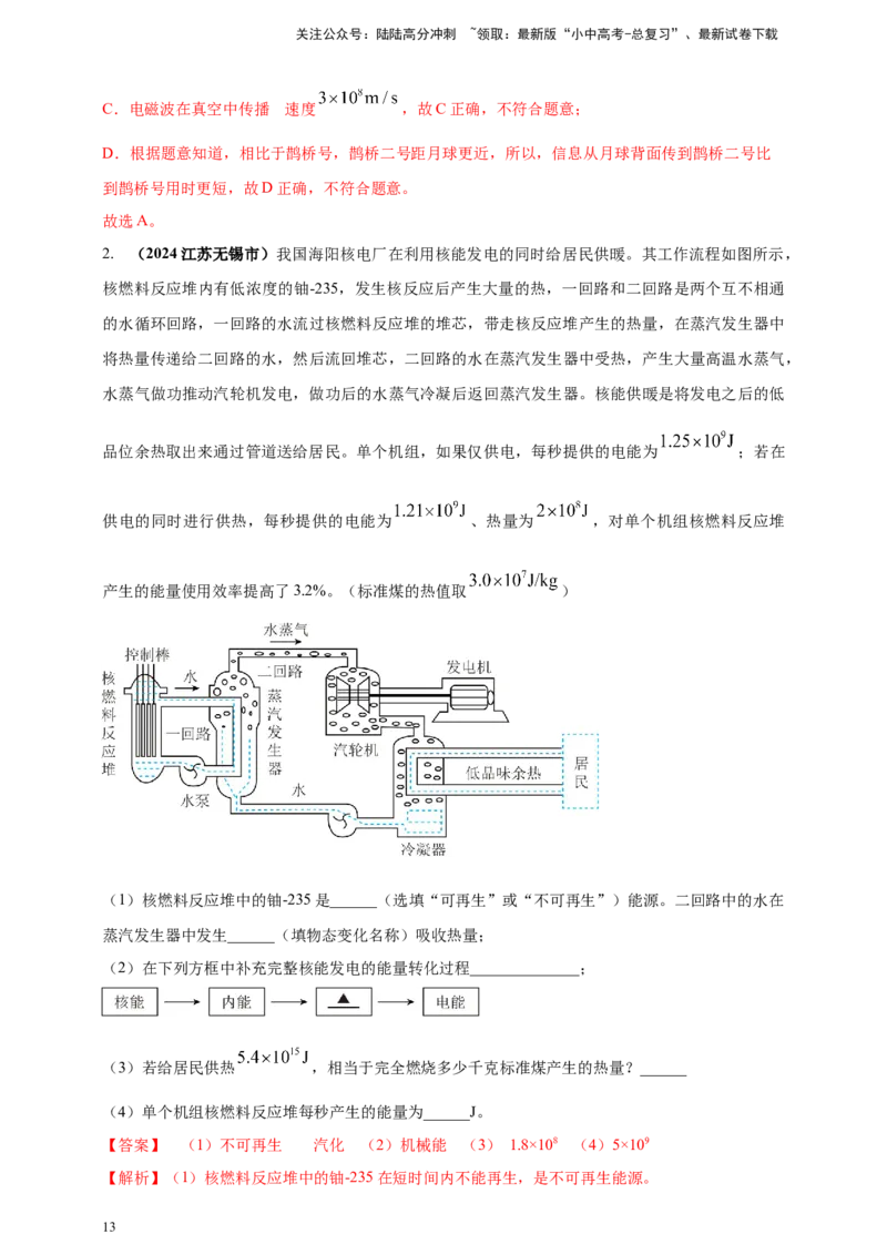 模块一专题19电磁波与能源及可持续发展（解析版)_02中考总复习（2026版更新中）_04-物理-中考总复习_2025年中考复习资料_（2025中考全国通用）2024年中考物理真题分类汇编