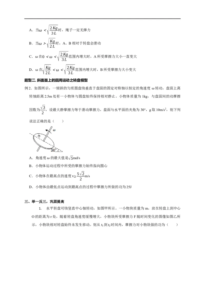第20讲水平面和斜面上的圆周运动（转盘模型）及其临界问题（原卷版）_4.2025物理总复习_2023年新高复习资料_专项复习_2023届高三物理高考复习101微专题模型精讲精练