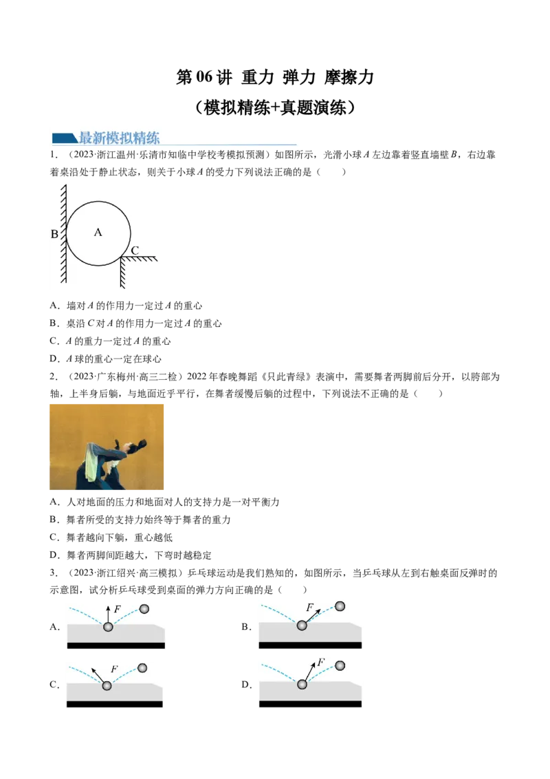 第06讲重力弹力摩擦力（练习）（原卷版）_4.2025物理总复习_2024年新高考资料_1.2024一轮复习_2024年高考物理一轮复习讲练测（新教材新高考）_第06讲重力弹力摩擦力（练习）