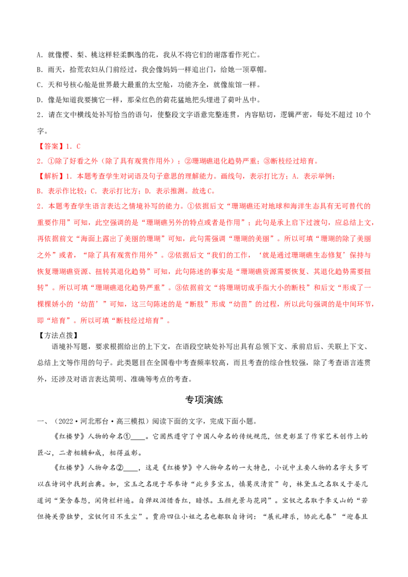 专练07语言文字运用Ⅱ-2023年高考语文二轮专项复习练（新高考）（解析版）_1.2025语文总复习_2023年新高考资料_二轮复习_2023年高考语文二轮专项复习练（新高考）