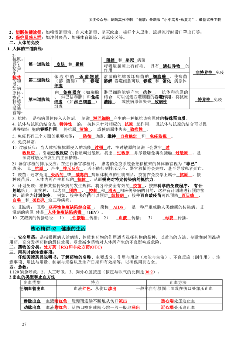 主题五人体生理与健康（讲练）（原卷版）_02中考总复习（2026版更新中）_08-生物-中考总复习_2025中考复习资料_2025中考二轮课件ppt+讲义+练习生物_讲义+练习
