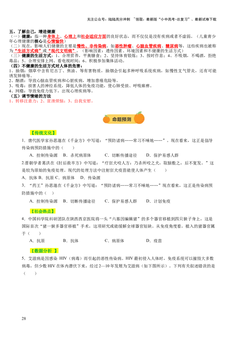 主题五人体生理与健康（讲练）（原卷版）_02中考总复习（2026版更新中）_08-生物-中考总复习_2025中考复习资料_2025中考二轮课件ppt+讲义+练习生物_讲义+练习