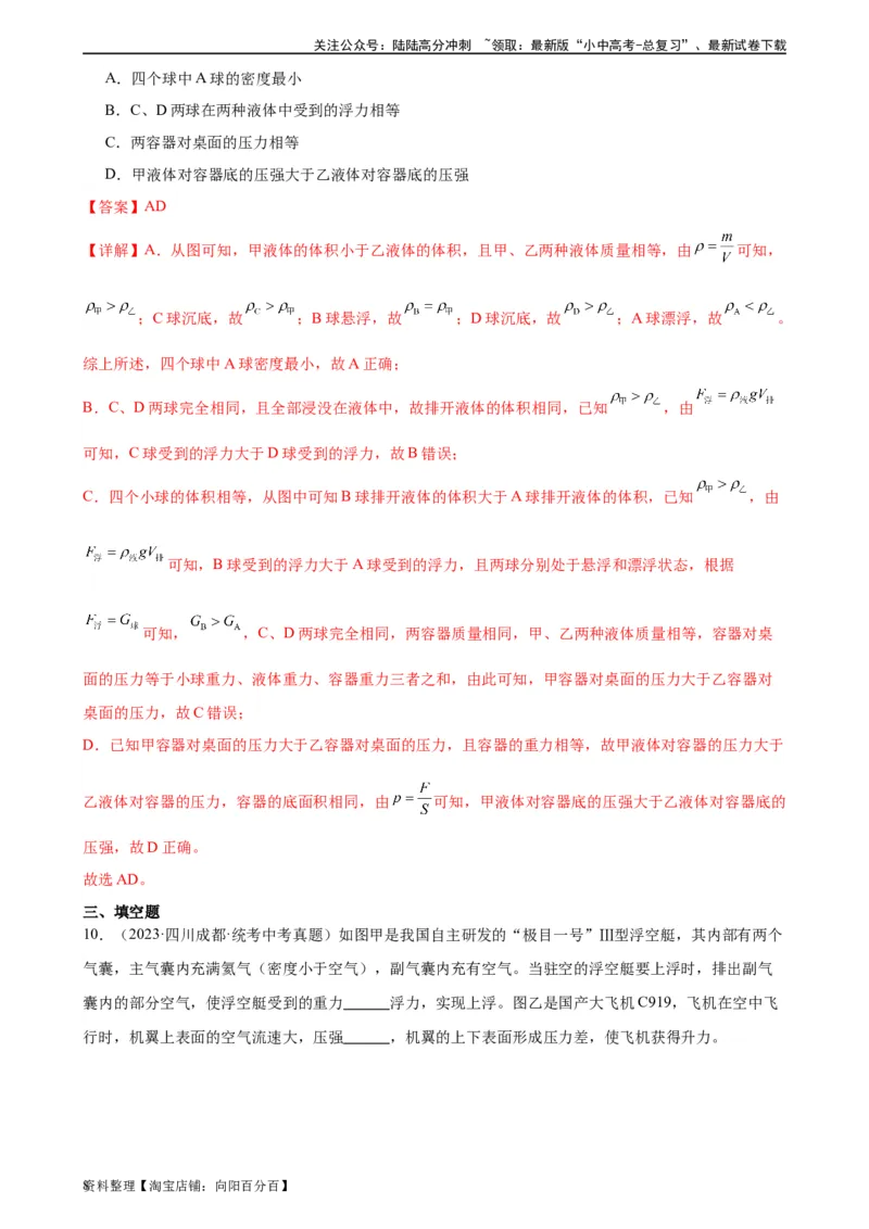 浮力和压强综合专项训练（教师版）_02中考总复习（2026版更新中）_04-物理-中考总复习_2024年中考复习资料_专项复习资料_完三年（2021&mdash;2023）中考真题分项精编（全国通用）_专项训练