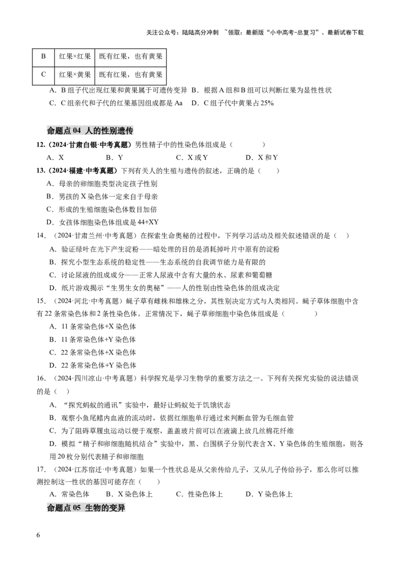 主题六遗传与进化（讲练）（原卷版）_02中考总复习（2026版更新中）_08-生物-中考总复习_2025中考复习资料_2025中考二轮课件ppt+讲义+练习生物_讲义+练习