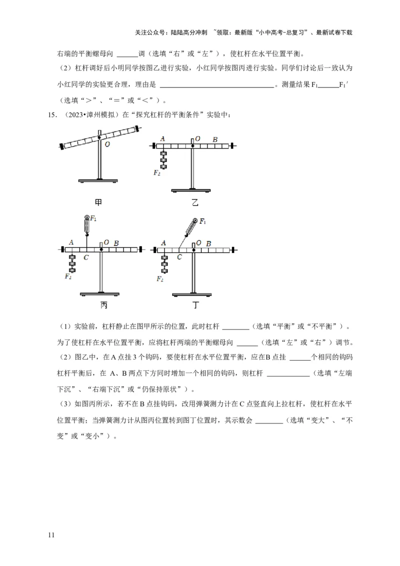 实验12探究杠杆的平衡条件（原卷版）_02中考总复习（2026版更新中）_04-物理-中考总复习_2024年中考复习资料_二轮复习_（讲义+练习）2024年中考物理二轮题型专项复习