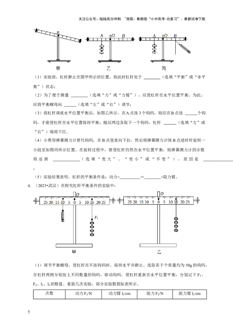 实验12探究杠杆的平衡条件（原卷版）_02中考总复习（2026版更新中）_04-物理-中考总复习_2024年中考复习资料_二轮复习_（讲义+练习）2024年中考物理二轮题型专项复习