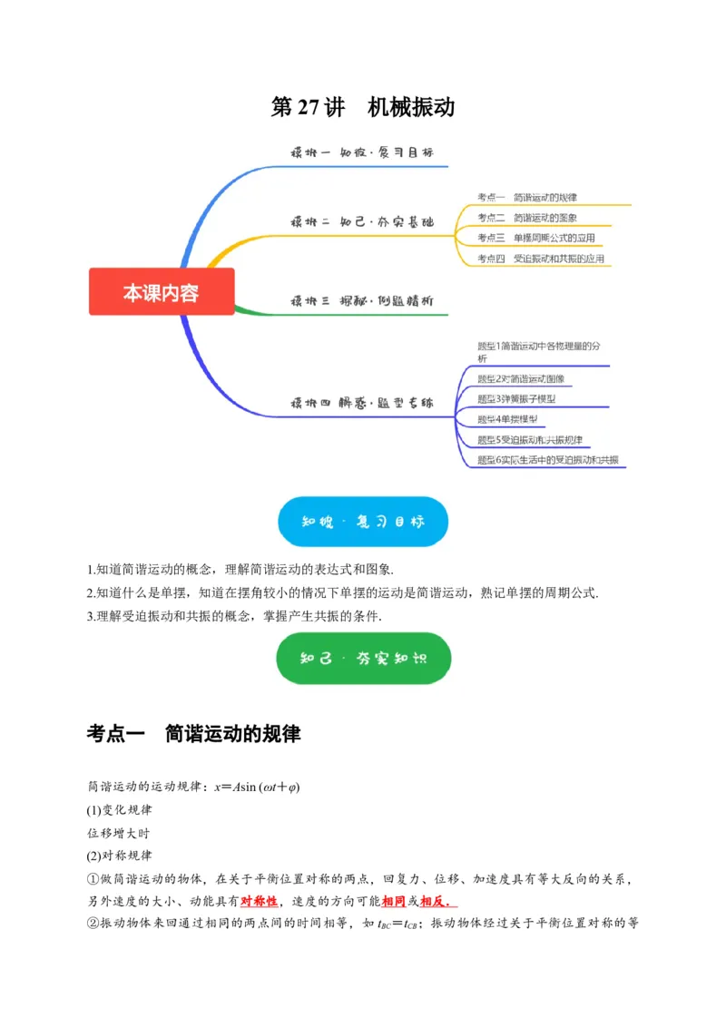 第27讲　机械振动（解析版）_4.2025物理总复习_2025年新高考资料_一轮复习_2025届高考物理一轮复习考点精讲精练（全国通用）（完结）